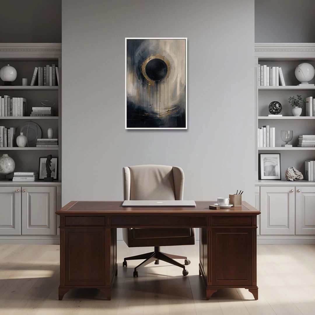 Dark Moody Abstract Bronze Eclipse - White Framed Canvas Wall Art - Office - 24x36