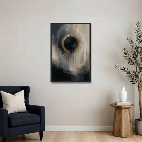Dark Moody Abstract Bronze Eclipse - Black Framed Canvas Wall Art - Sofa - 24x36