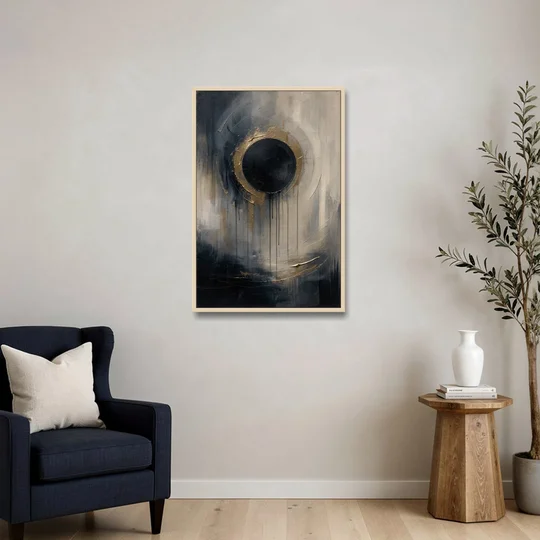Dark Moody Abstract Bronze Eclipse - Oak Framed Canvas Wall Art - Sofa - 24x36
