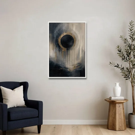 Dark Moody Abstract Bronze Eclipse - White Framed Canvas Wall Art - Sofa - 24x36