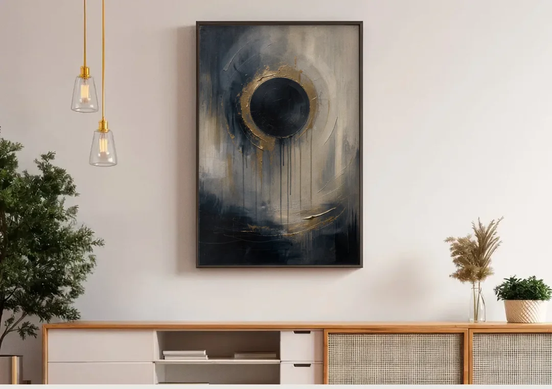 Dark Moody Abstract Bronze Eclipse canvas wall art above a wooden sideboard under pendant lights