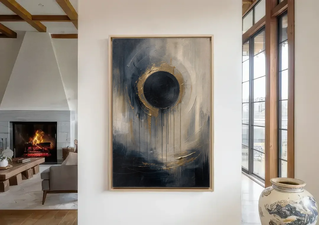 Dark Moody Abstract Bronze Eclipse canvas wall art in a living room with a fireplace