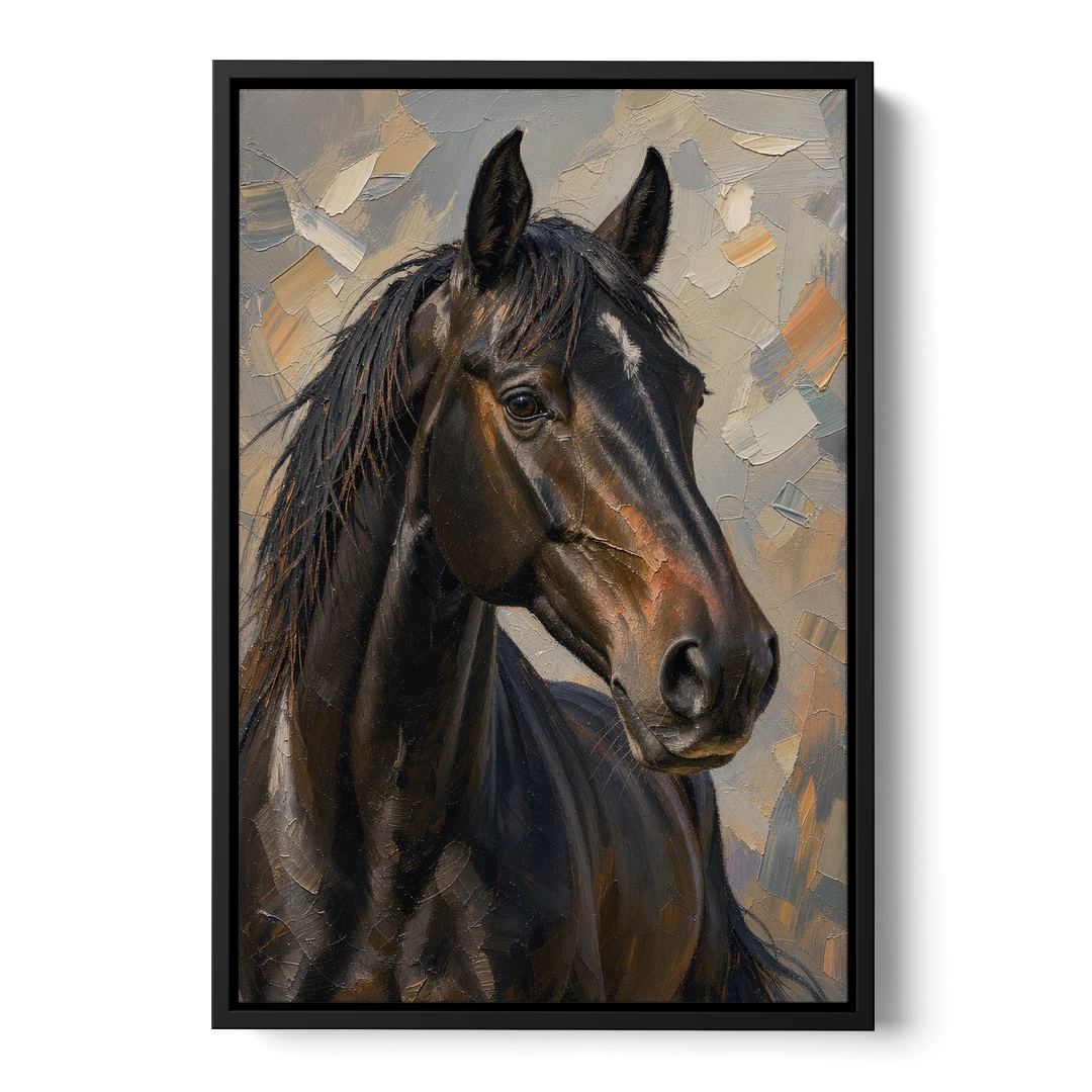 Dark Moody Black Horse in Palette Knife Light - Black Framed Canvas Wall Art - Front