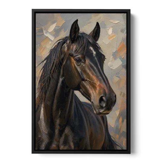 Dark Moody Black Horse in Palette Knife Light - Black Framed Canvas Wall Art - Front