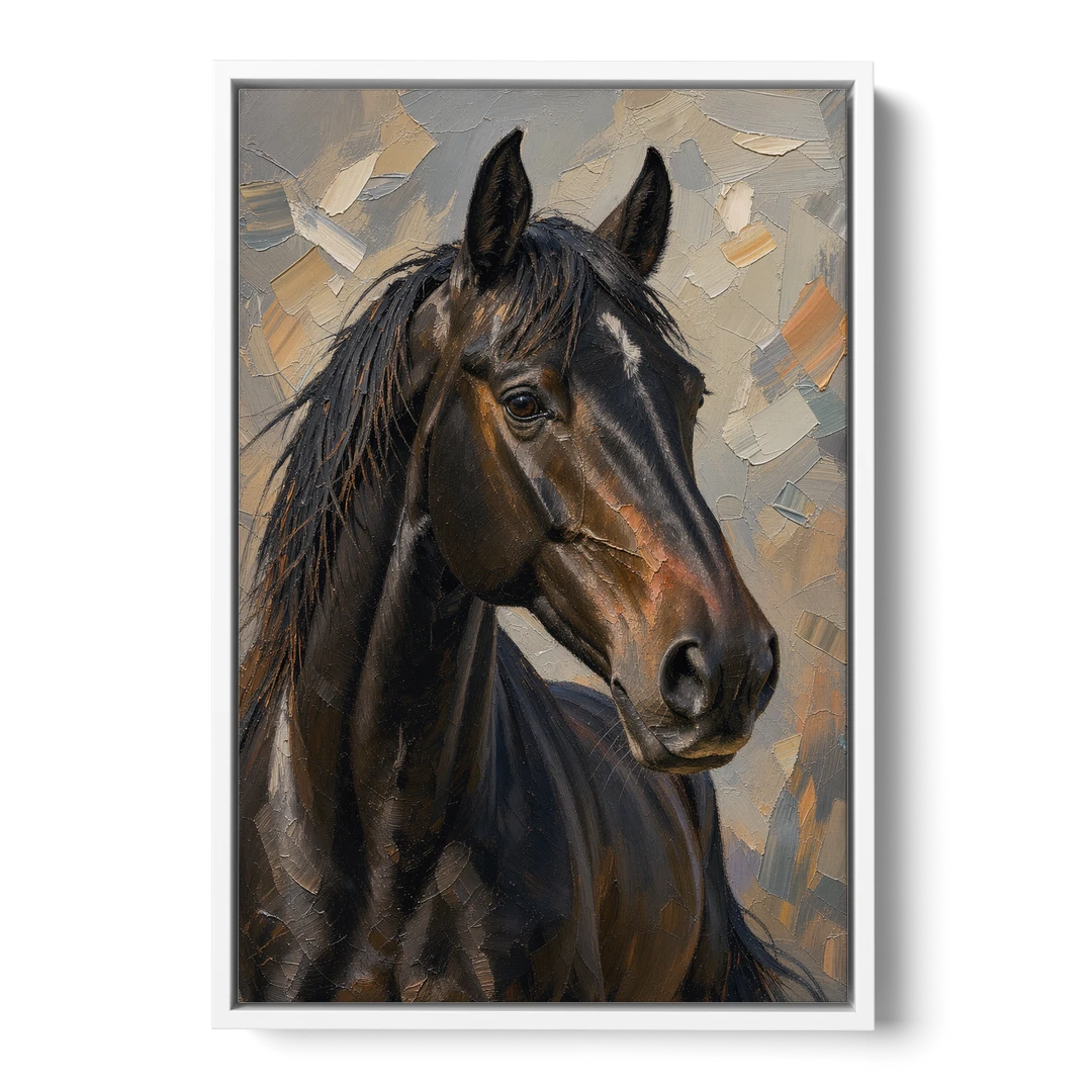 Dark Moody Black Horse in Palette Knife Light - White Framed Canvas Wall Art - Front