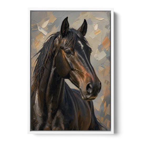 Dark Moody Black Horse in Palette Knife Light - White Framed Canvas Wall Art - Front