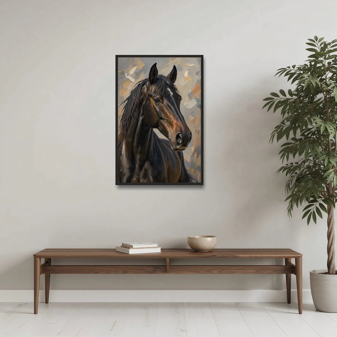 Dark Moody Black Horse in Palette Knife Light - Black Framed Canvas Wall Art - Coffee Table - 24x36