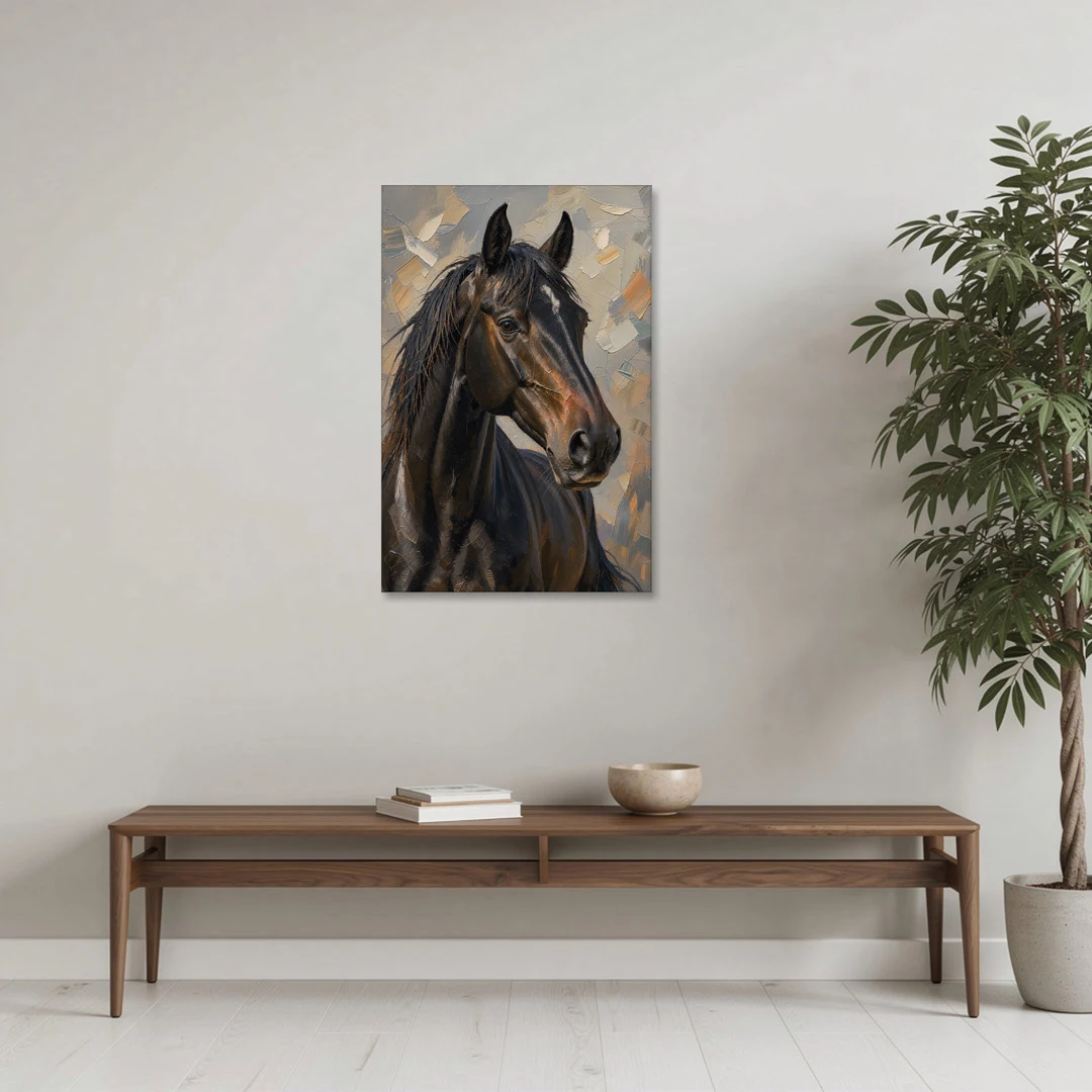 Dark Moody Black Horse in Palette Knife Light - Canvas Wall Art - Coffee Table - 24x36