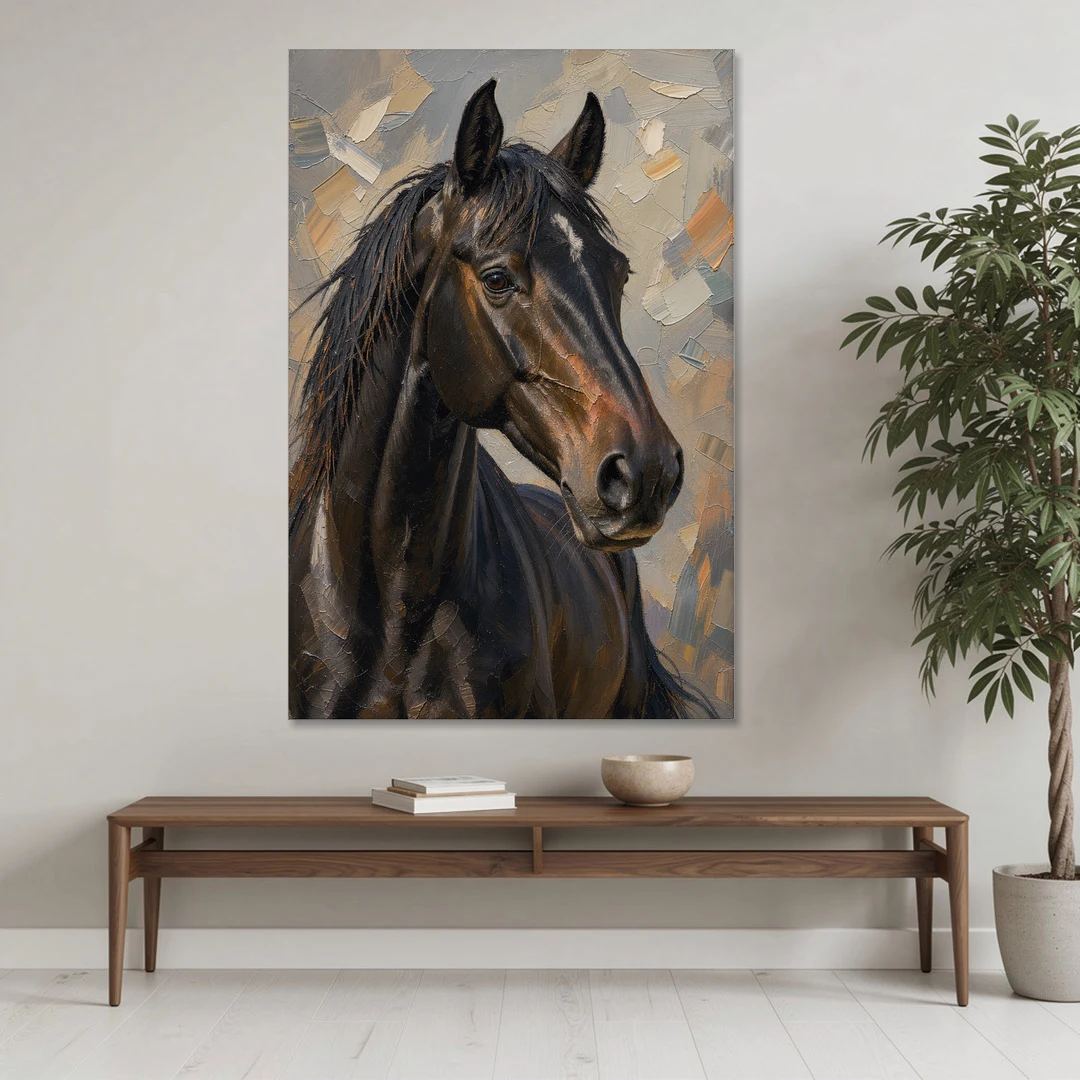Dark Moody Black Horse in Palette Knife Light - Canvas Wall Art - Coffee Table - 40x60