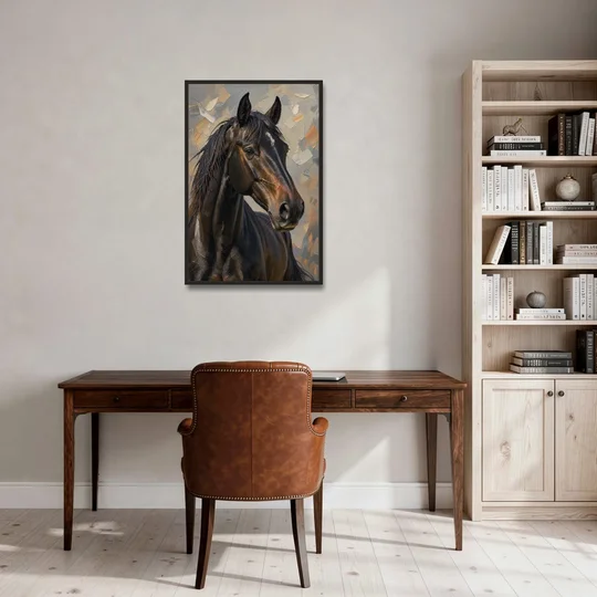 Dark Moody Black Horse in Palette Knife Light - Black Framed Canvas Wall Art - Office - 24x36