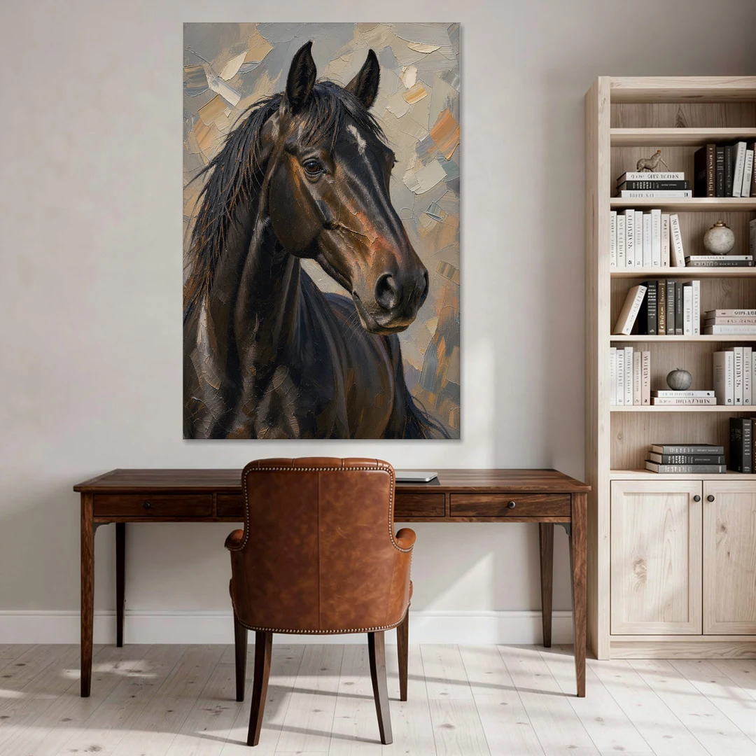 Dark Moody Black Horse in Palette Knife Light - Canvas Wall Art - Office - 40x60