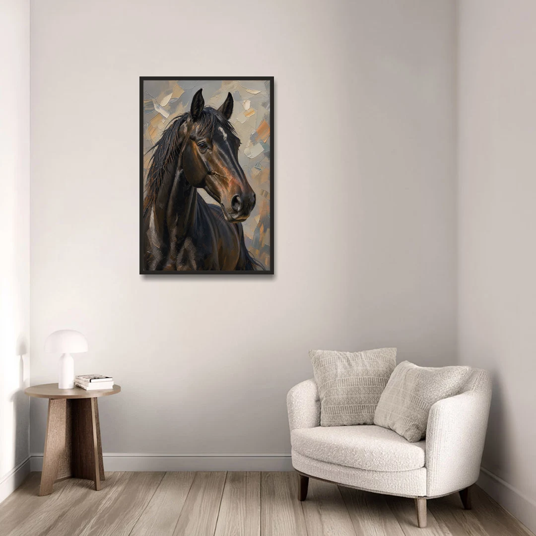 Dark Moody Black Horse in Palette Knife Light - Black Framed Canvas Wall Art - Sofa - 24x36