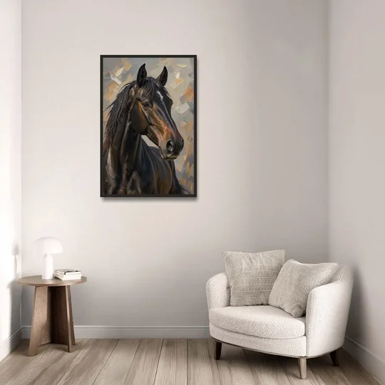 Dark Moody Black Horse in Palette Knife Light - Black Framed Canvas Wall Art - Sofa - 24x36