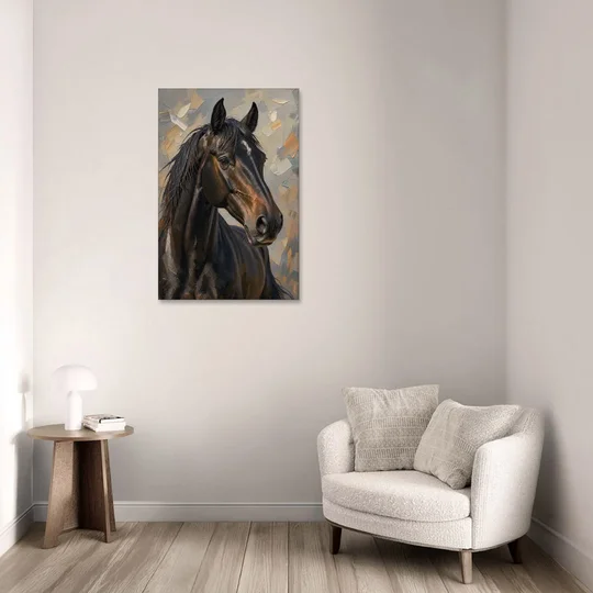 Dark Moody Black Horse in Palette Knife Light - Canvas Wall Art - Sofa - 24x36