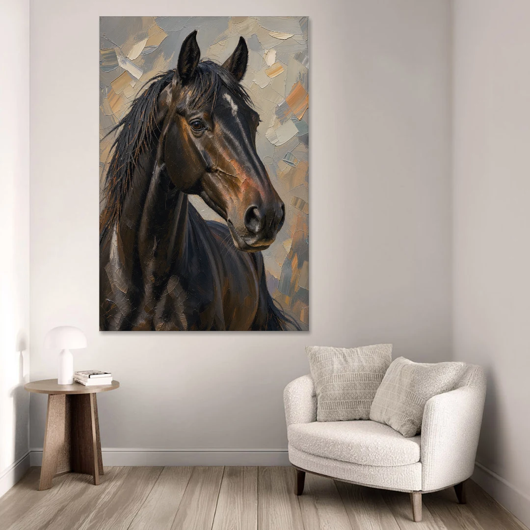 Dark Moody Black Horse in Palette Knife Light - Canvas Wall Art - Sofa - 40x60