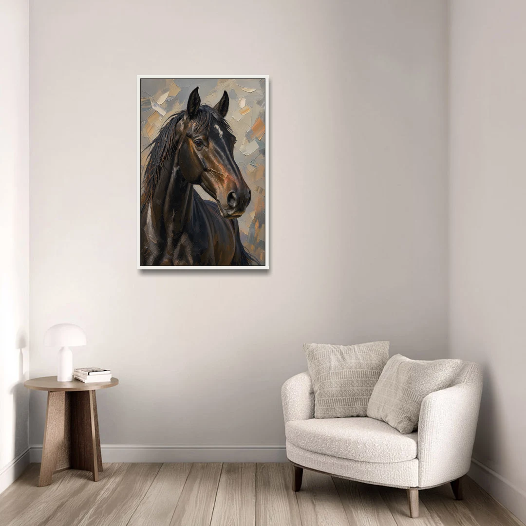 Dark Moody Black Horse in Palette Knife Light - White Framed Canvas Wall Art - Sofa - 24x36