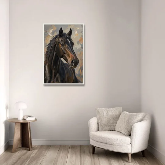 Dark Moody Black Horse in Palette Knife Light - White Framed Canvas Wall Art - Sofa - 24x36