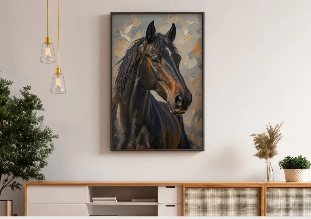 Dark Moody Black Horse in Palette Knife Light canvas wall art above a wooden sideboard under pendant lights