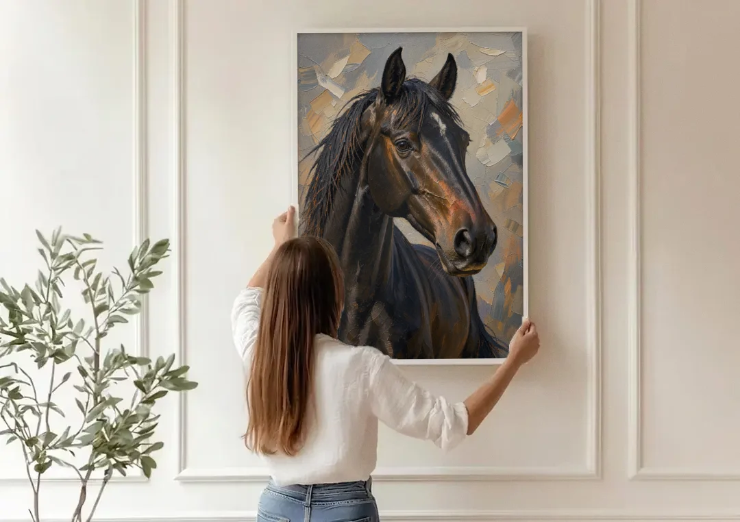 Dark Moody Black Horse in Palette Knife Light canvas wall art being hung on a paneled wall
