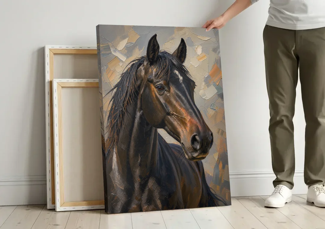 Dark Moody Black Horse in Palette Knife Light canvas wall art leaning against a wall next to blank canvases