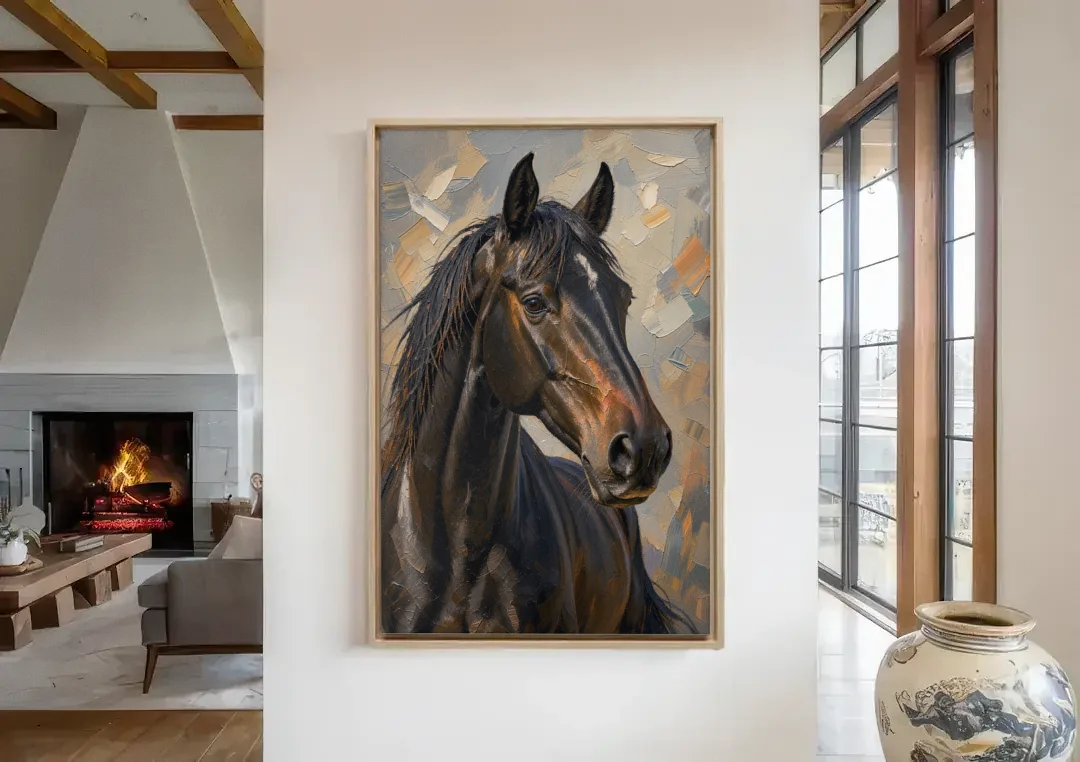 Dark Moody Black Horse in Palette Knife Light canvas wall art in a living room with a fireplace