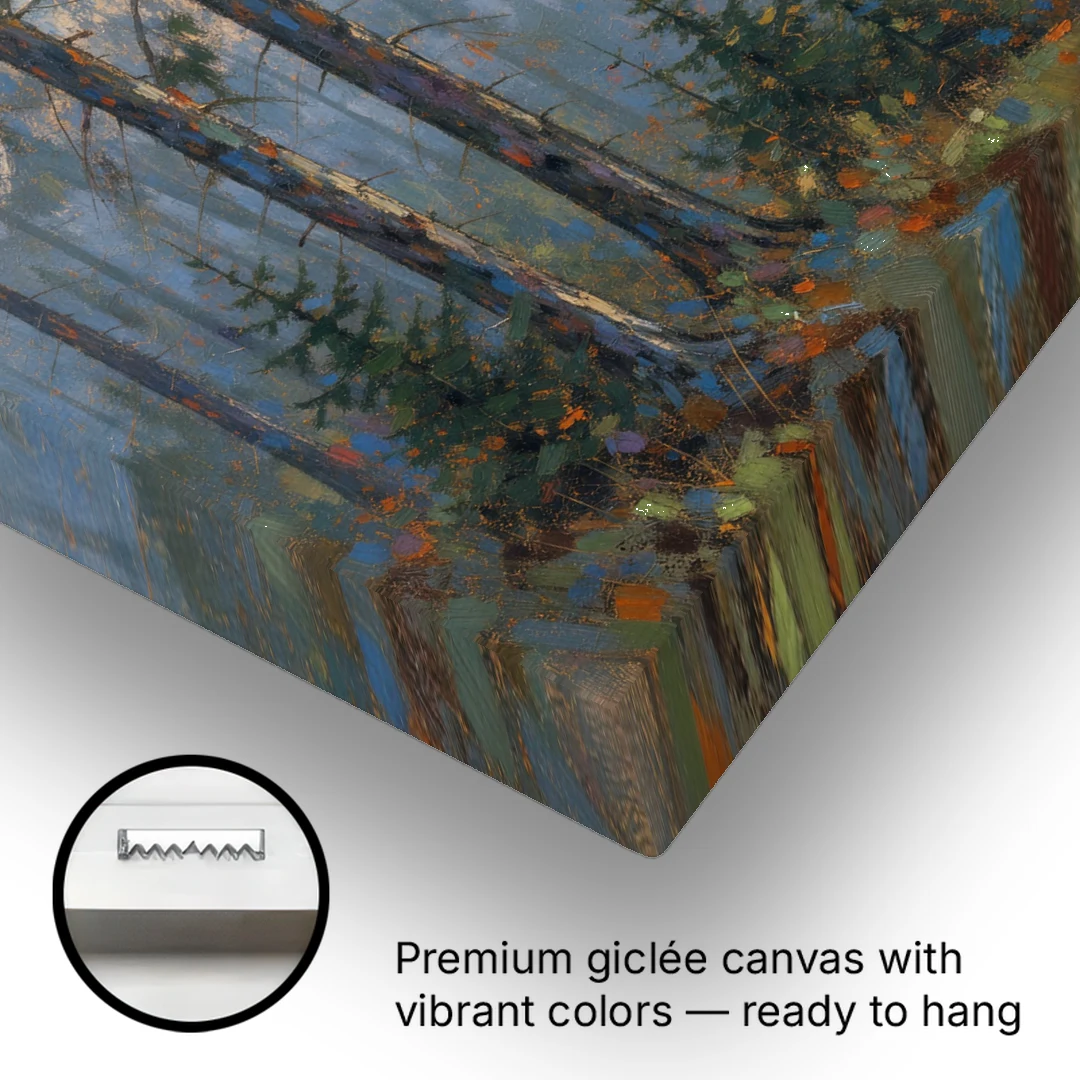 Dark Moody Misty Forest Pines at Dusk - Canvas Wall Art - Gallery Wrap Corner