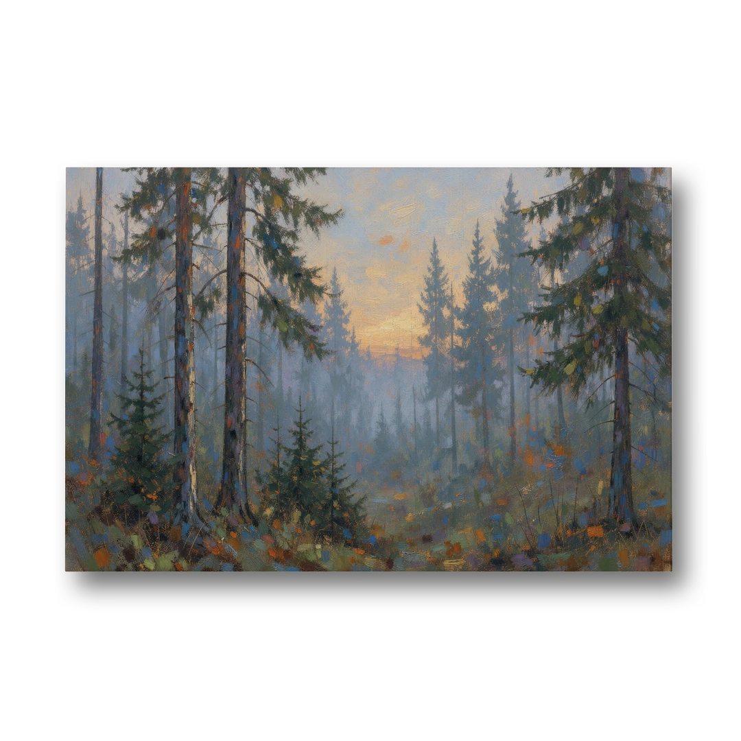 Dark Moody Misty Forest Pines at Dusk - Canvas Wall Art - Front