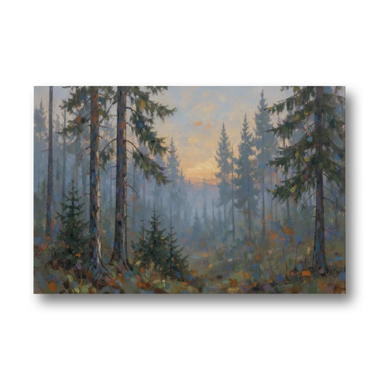 Dark Moody Misty Forest Pines at Dusk - Canvas Wall Art - Front