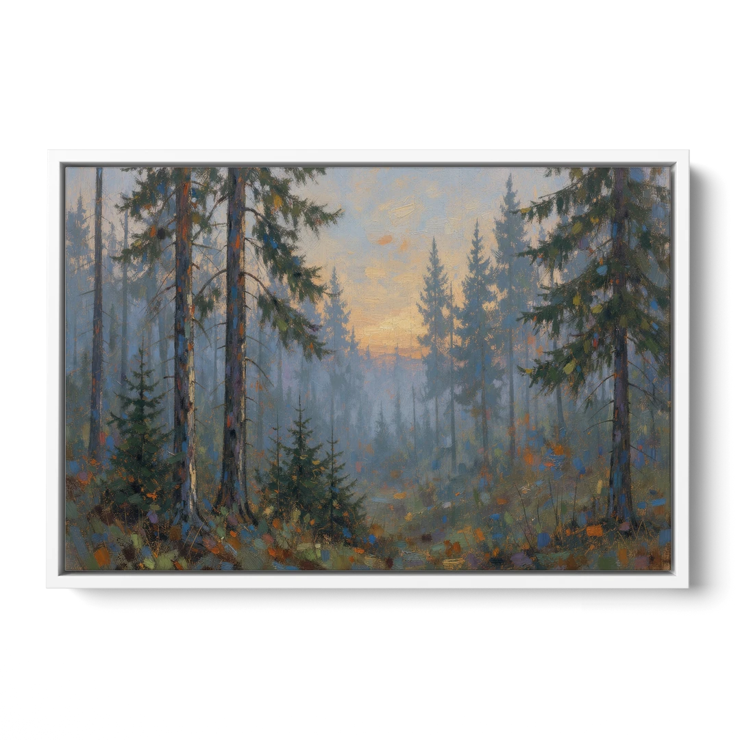 Dark Moody Misty Forest Pines at Dusk - White Framed Canvas Wall Art - Front