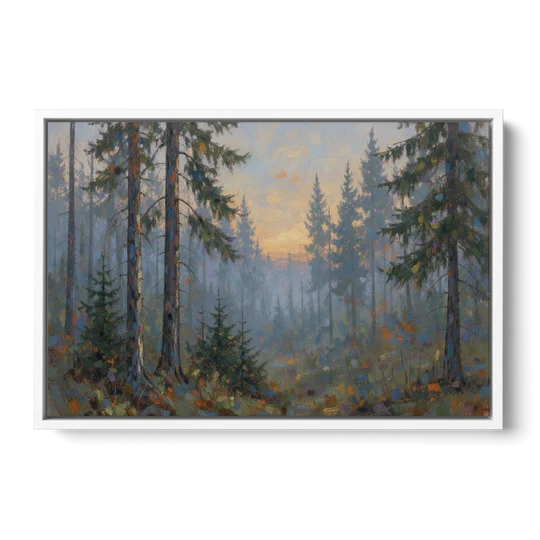 Dark Moody Misty Forest Pines at Dusk - White Framed Canvas Wall Art - Front