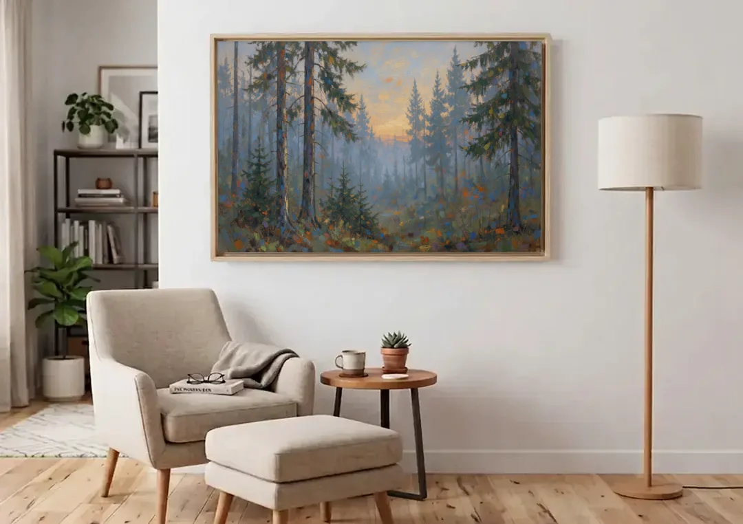 Dark Moody Misty Forest Pines at Dusk canvas wall art above an armchair in a bright living room