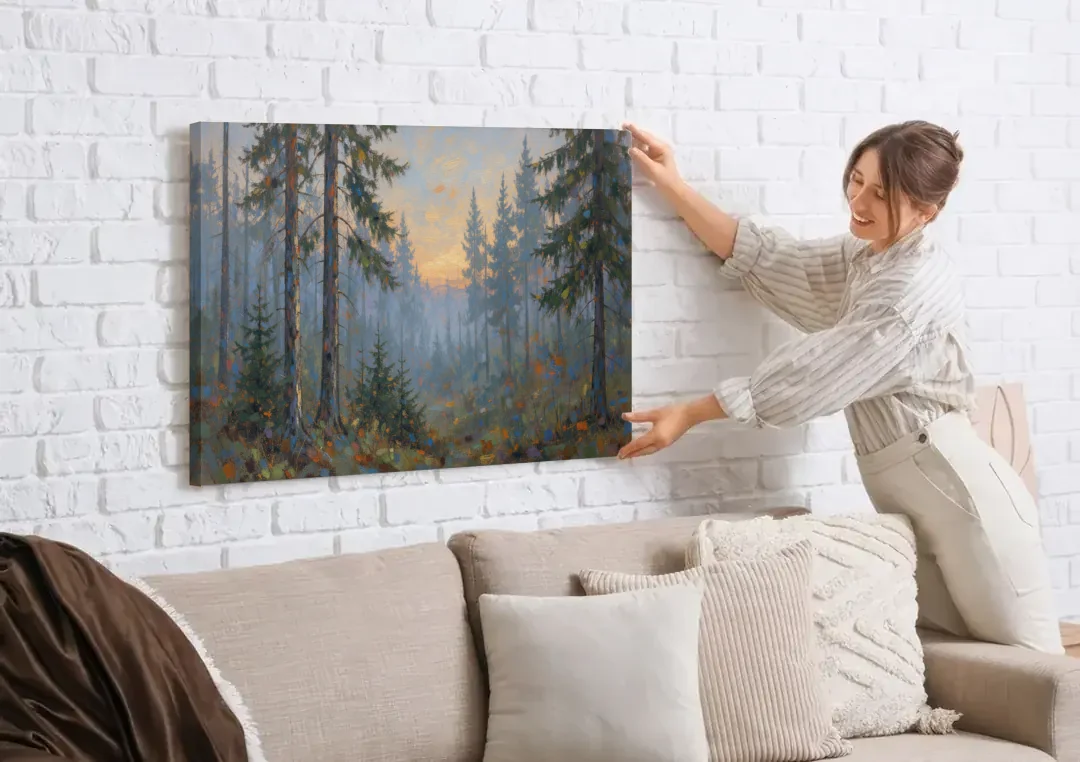 Dark Moody Misty Forest Pines at Dusk canvas wall art being hung on a white brick wall above a sofa