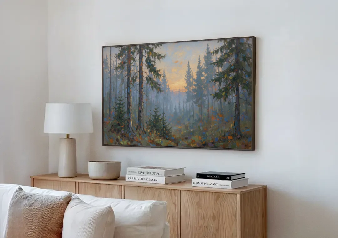 Dark Moody Misty Forest Pines at Dusk canvas wall art above a wooden sideboard next to a sofa