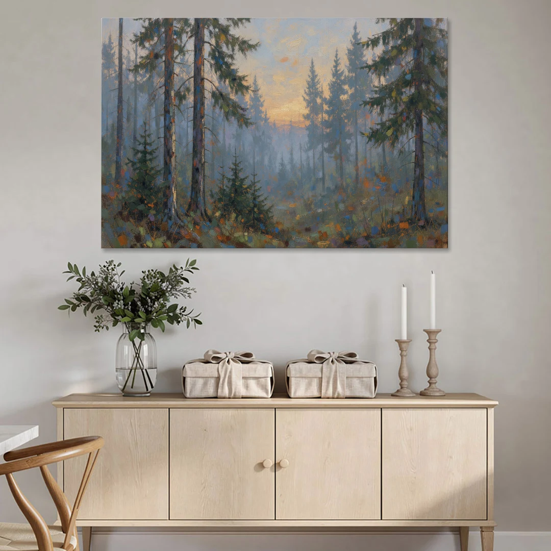 Dark Moody Misty Forest Pines at Dusk - Canvas Wall Art - Coffee Table - 60x40