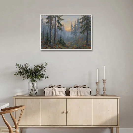 Dark Moody Misty Forest Pines at Dusk - White Framed Canvas Wall Art - Coffee Table - 36x24