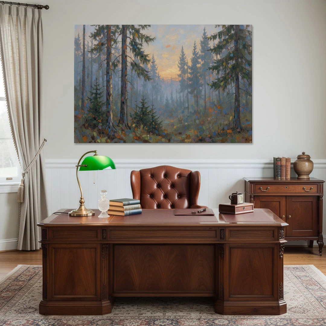 Dark Moody Misty Forest Pines at Dusk - Canvas Wall Art - Office - 60x40