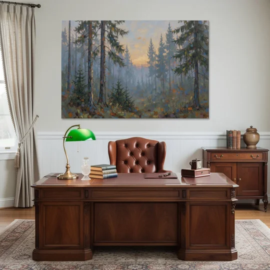 Dark Moody Misty Forest Pines at Dusk - Canvas Wall Art - Office - 60x40