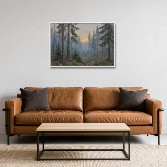 Dark Moody Misty Forest Pines at Dusk - White Framed Canvas Wall Art - Sofa - 36x24