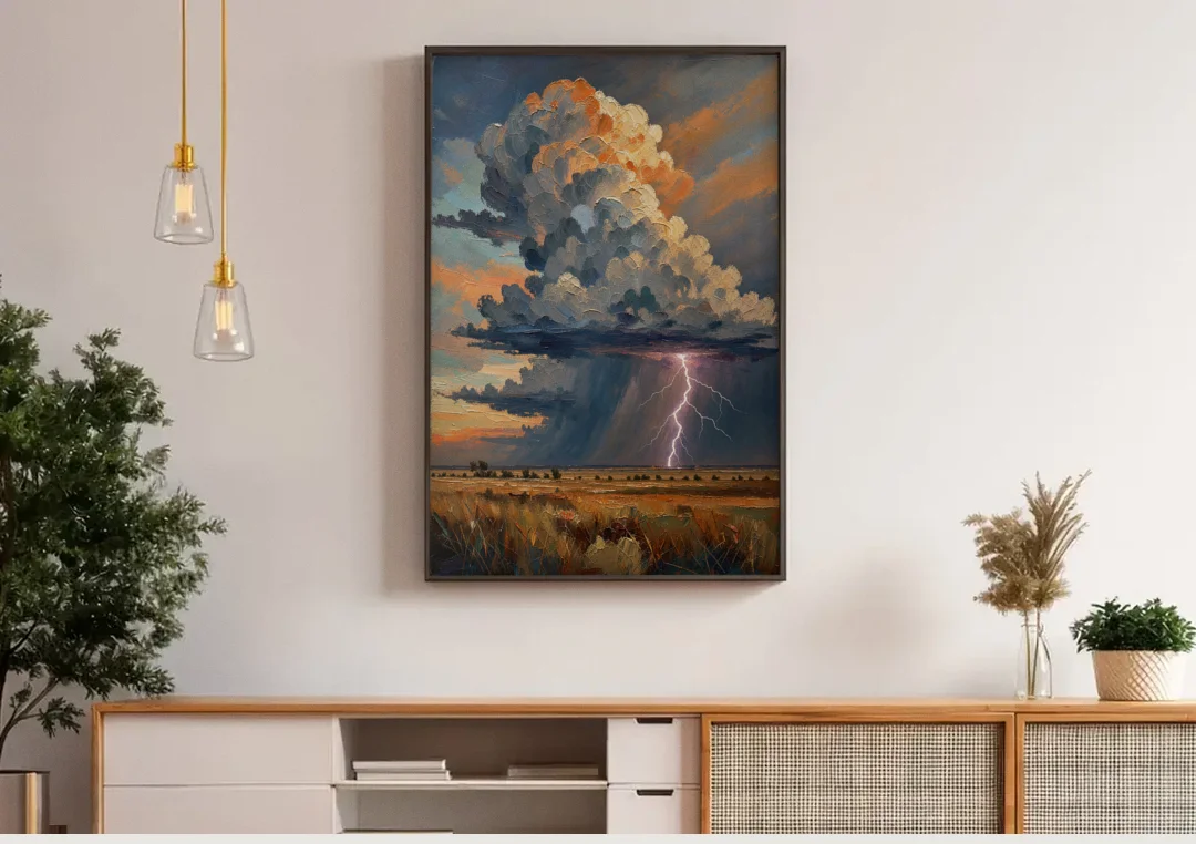Dark Moody Prairie Thunderhead canvas wall art above a wooden sideboard under pendant lights
