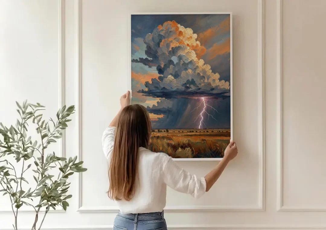 Dark Moody Prairie Thunderhead canvas wall art being hung on a paneled wall