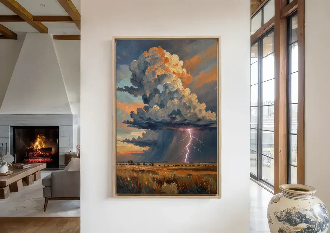 Dark Moody Prairie Thunderhead canvas wall art in a living room with a fireplace