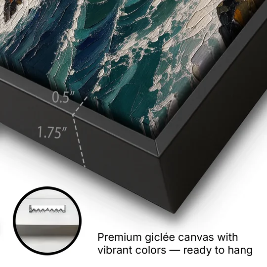 Dark Moody Stormy Ocean Sea Stack - Black Framed Canvas Wall Art - Gallery Wrap Corner
