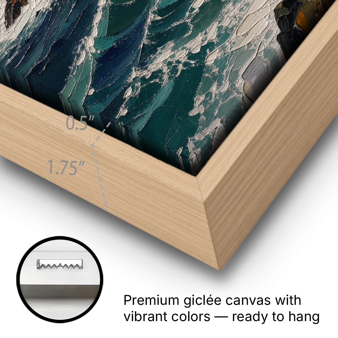 Dark Moody Stormy Ocean Sea Stack - Oak Framed Canvas Wall Art - Gallery Wrap Corner