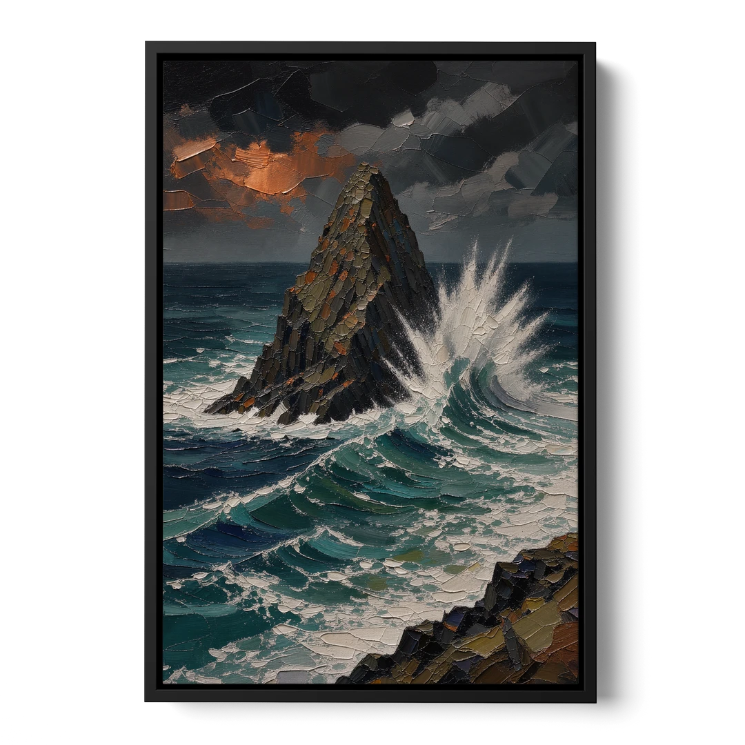 Dark Moody Stormy Ocean Sea Stack - Black Framed Canvas Wall Art - Front