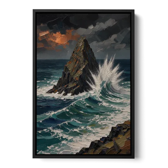 Dark Moody Stormy Ocean Sea Stack - Black Framed Canvas Wall Art - Front