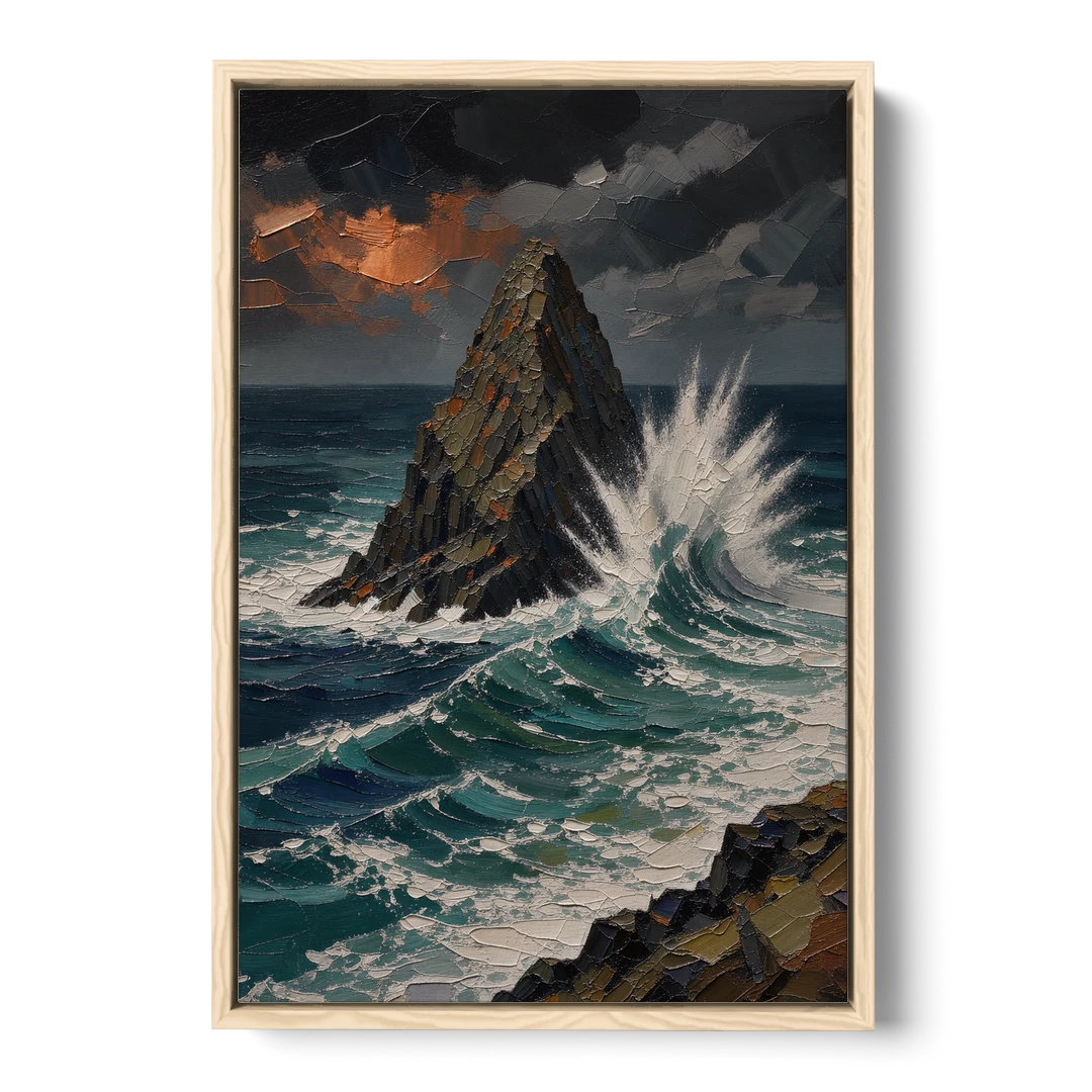 Dark Moody Stormy Ocean Sea Stack - Oak Framed Canvas Wall Art - Front