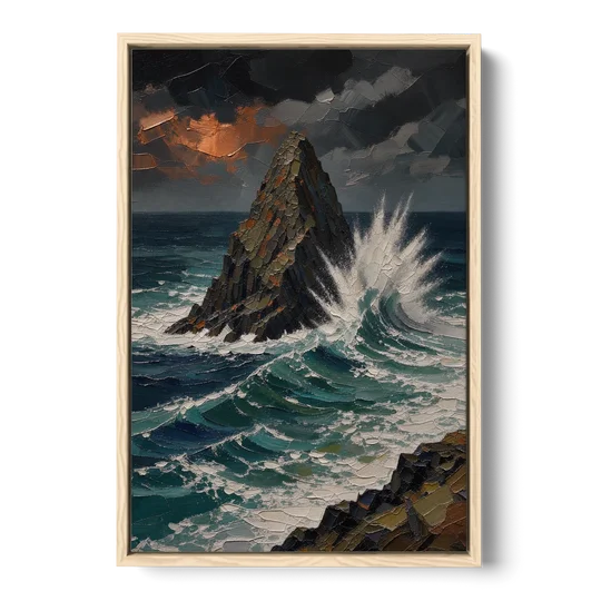 Dark Moody Stormy Ocean Sea Stack - Oak Framed Canvas Wall Art - Front