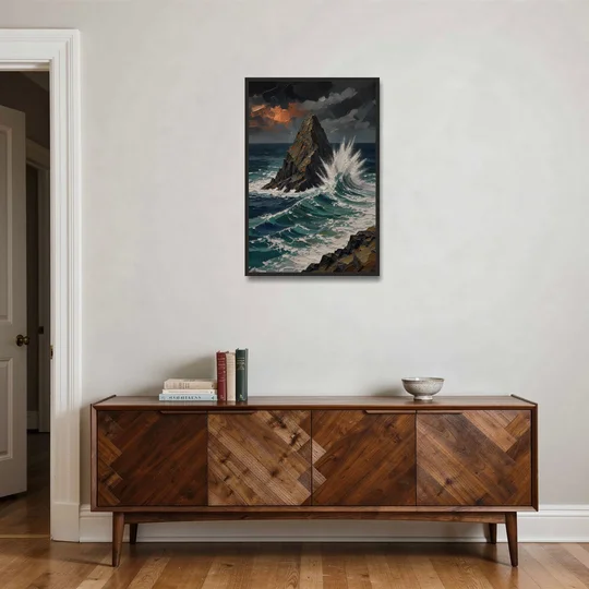 Dark Moody Stormy Ocean Sea Stack - Black Framed Canvas Wall Art - Coffee Table - 24x36