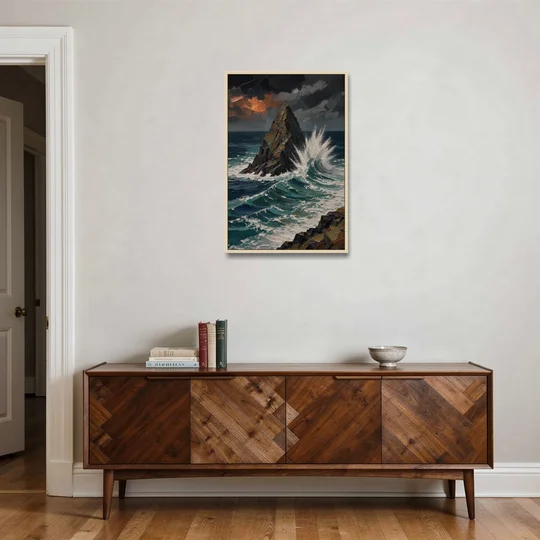 Dark Moody Stormy Ocean Sea Stack - Oak Framed Canvas Wall Art - Coffee Table - 24x36
