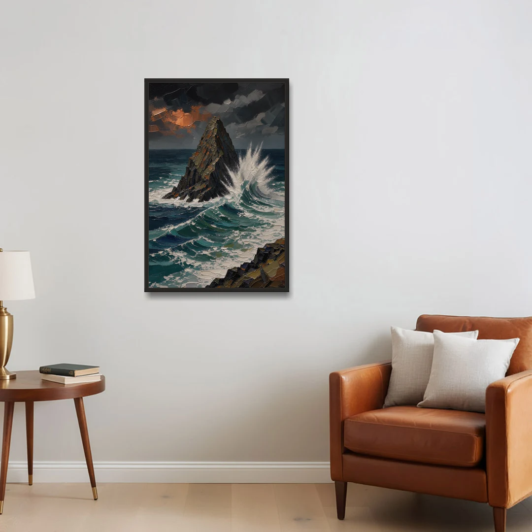 Dark Moody Stormy Ocean Sea Stack - Black Framed Canvas Wall Art - Sofa - 24x36